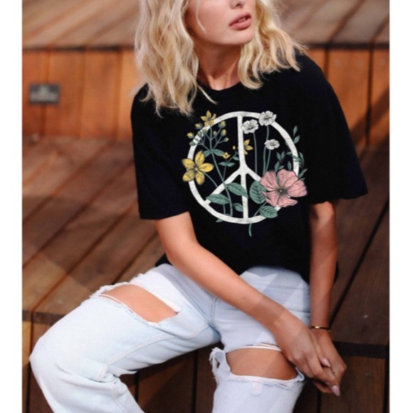 Tops - Black Boho Floral Peace Sign Graphic Tee